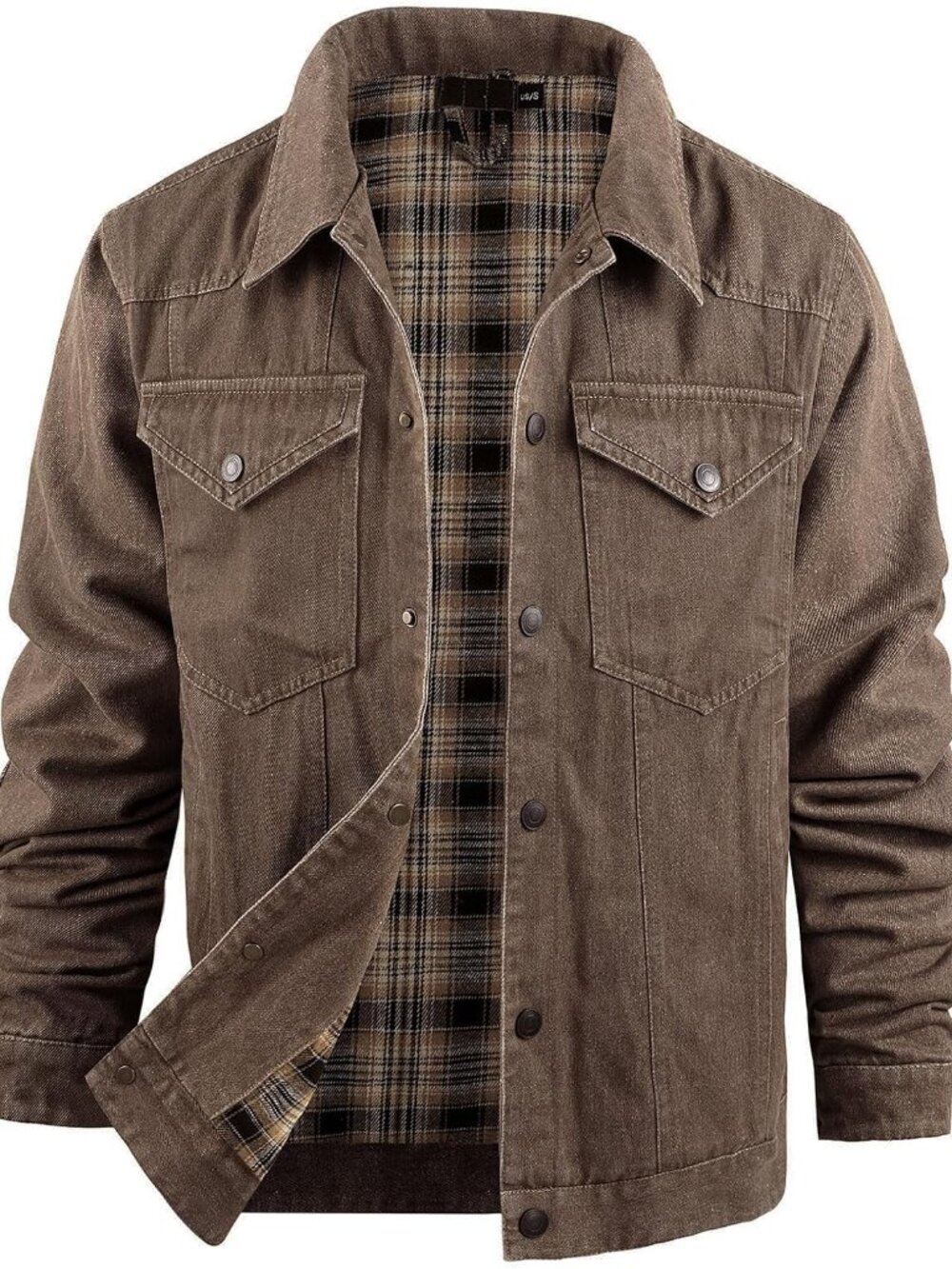 Mens Flannel Lined Denim Jacket Snap Cowboy Cut Trucker Coat